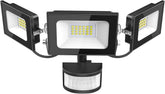 Black LED floodlight with three adjustable lights and motion sensor on a white background